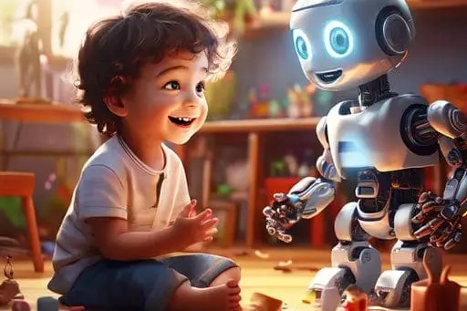 Criança brincando com boneca inteligente equipada com inteligência artificial
