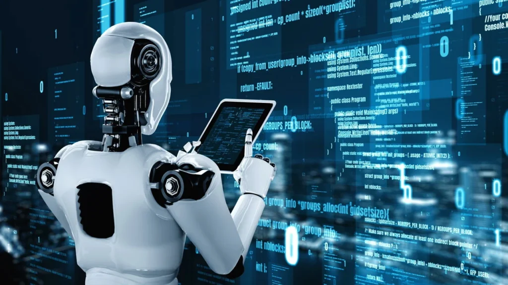 Representação conceitual de inteligência artificial com robô e elementos digitais