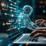 Imagem conceitual mostra o funcionamento simbólico da inteligência artificial com fluxo de dados e algoritmos